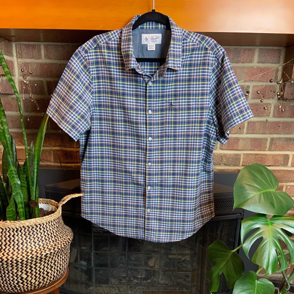 Original Penguin Short Sleeve Plaid Button Down Shirt, Size XL